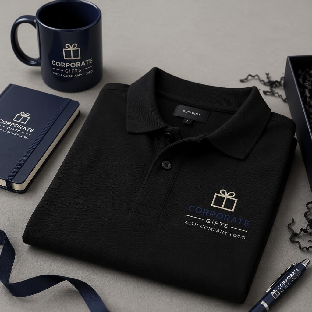 Folded stack of black polo shirts with classic embroidered placeholder logo in navy and cream, studio product mockup