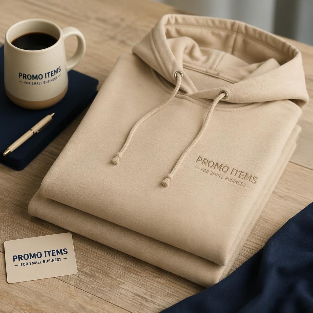 Folded stack of beige sand hoodies with subtle tone-on-tone logo, studio-lit with sharp fabric texture.