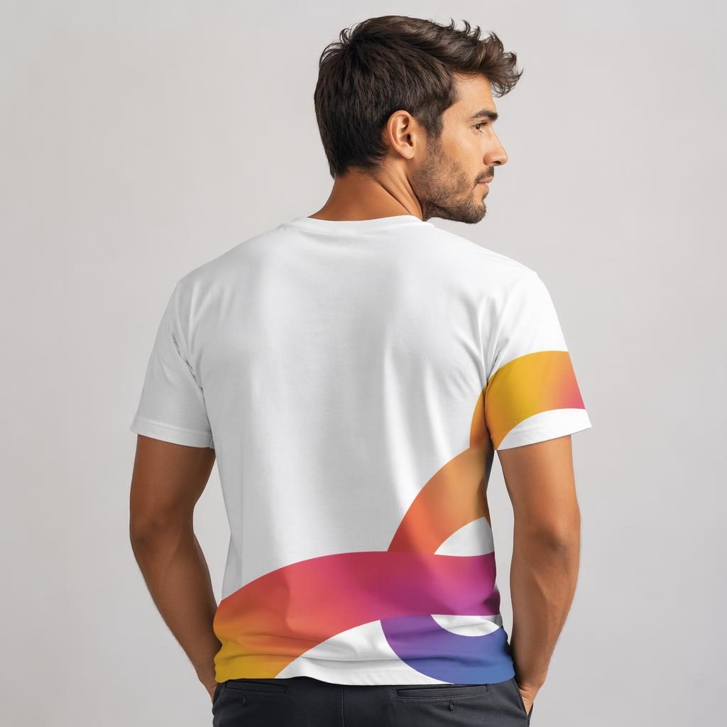 Weißes T-Shirt am Model mit umlaufendem, buntem weihnachtsschokolade mit firmenlogo im Studio