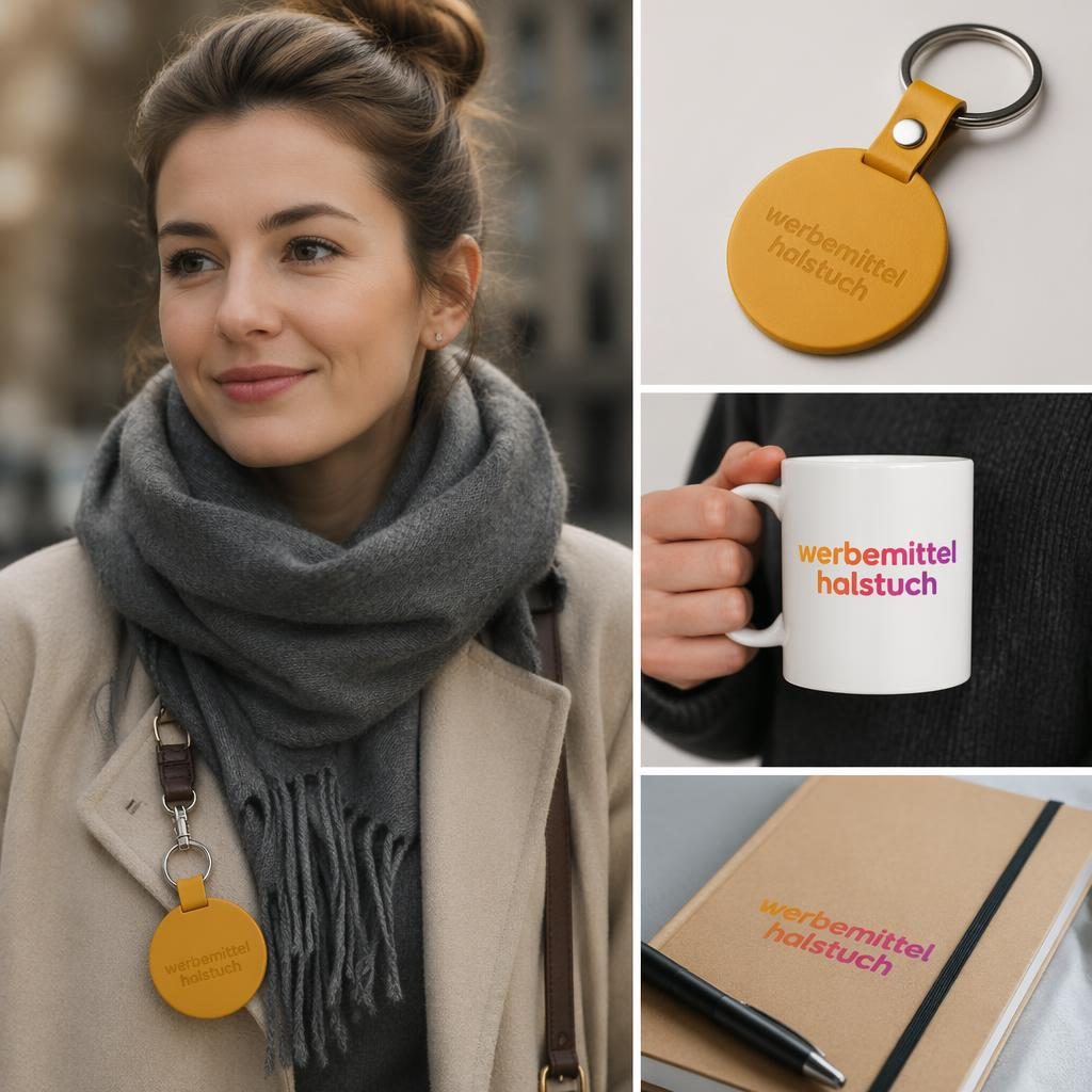 Senfgelber Schlüsselanhänger als Mockup am Model getragen, mit dezent tonigem werbemittel halstuch Logo