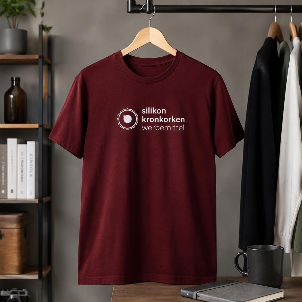 Bordeauxfarbenes T-Shirt mit silikon kronkorken werbemittel Logo, hängend an einer Kleiderstange im Studio