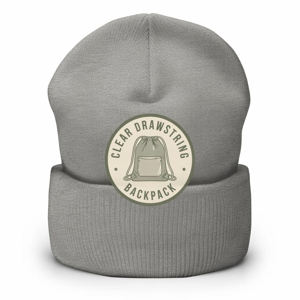 Heather gray beanie product mockup on a white background with a sage and ivory clear drawstring backpack logo.