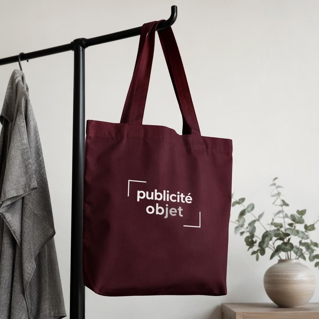 Tote bag bordeaux suspendu sur un portant, avec logo typographique centré, style studio minimaliste.