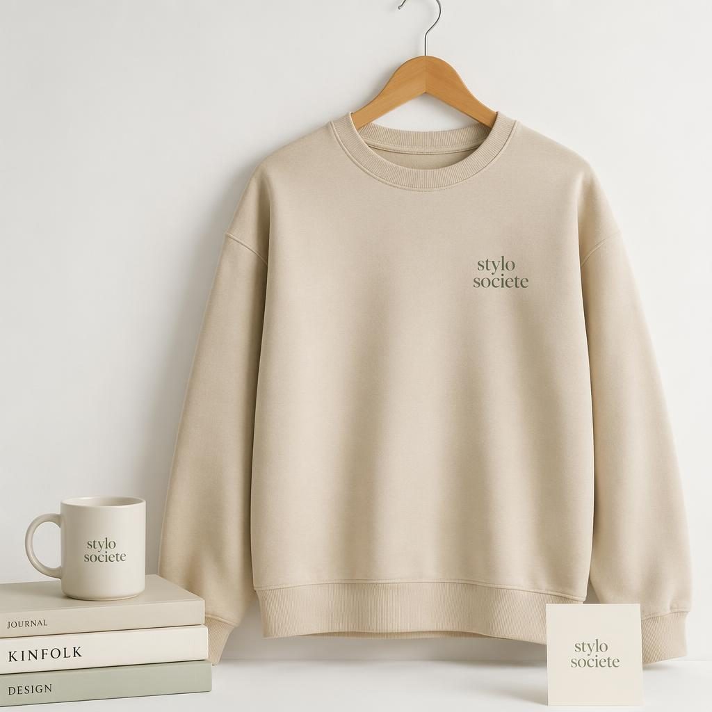 Sweatshirt beige sable en mockup photo réaliste, logo stylo societe discret à la poitrine sur fond blanc minimal