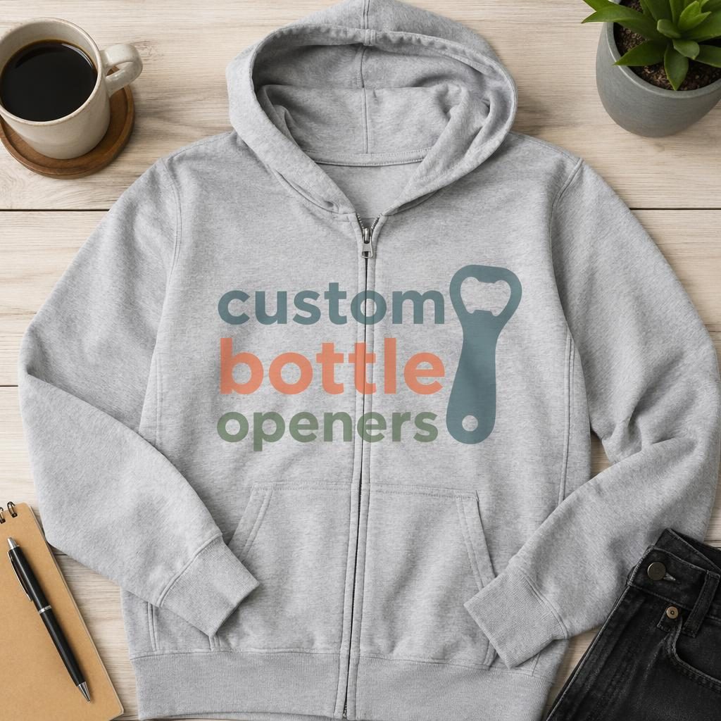 Studio flat lay of a heather gray zip-up hoodie with a large custom bottle openers logo print in soft pastel tones