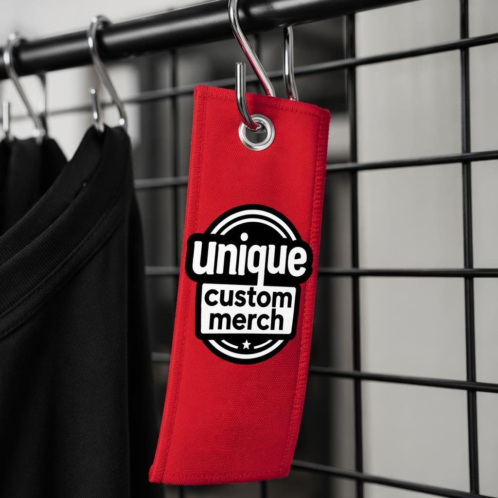 Photo-real red keychain with a large generic logo print hanging on a rack in a clean studio setup.