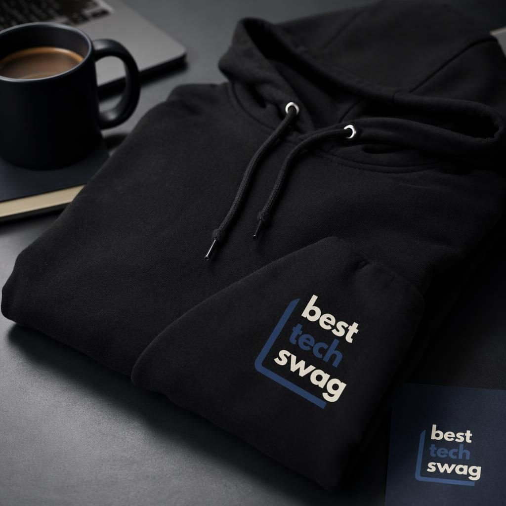 Folded stack of black hoodies with best tech swag sleeve logo in navy and cream, studio-lit with sharp fabric detail