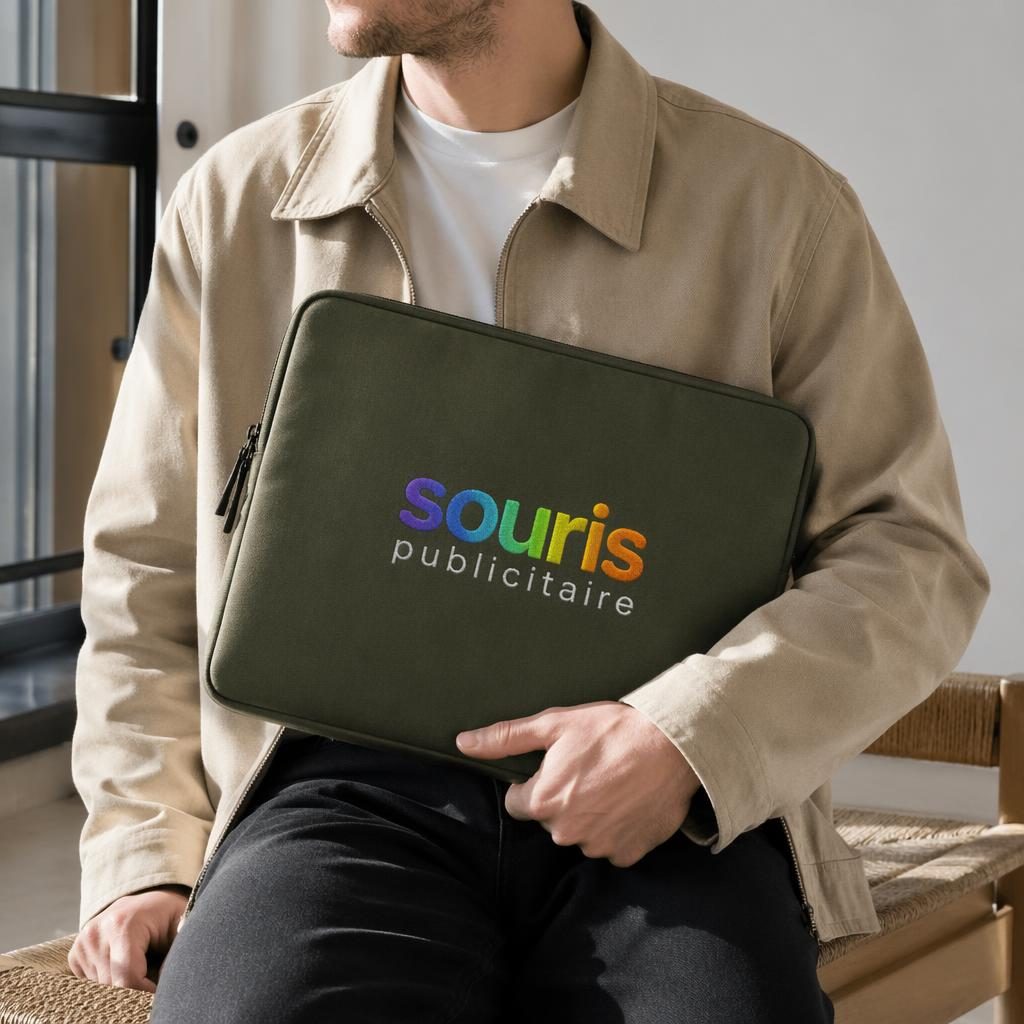 Mannequin portant une housse d’ordinateur vert olive avec logo souris publicitaire brodé, photo studio nette.