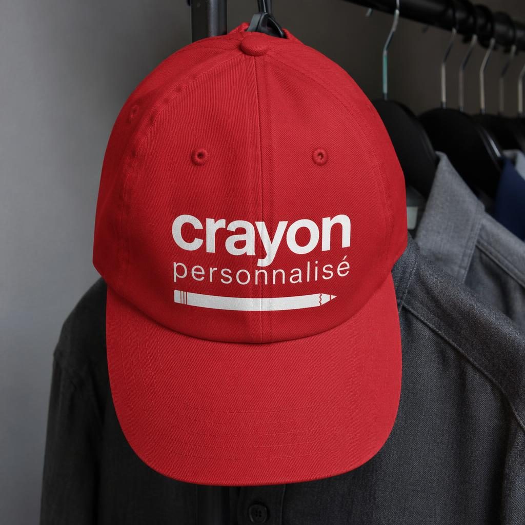 Casquette rouge suspendue sur un portant, avec logo typographique générique crayon personnalisé en grand visuel.