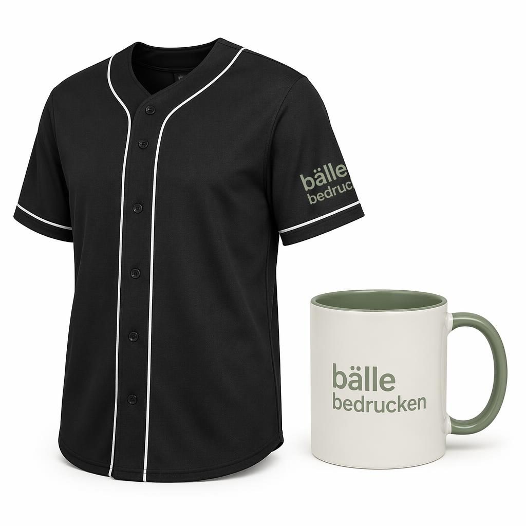 Schwarzes Baseball-Jersey auf weißem Hintergrund mit bälle bedrucken Logo am Ärmel in Salbei und Elfenbein