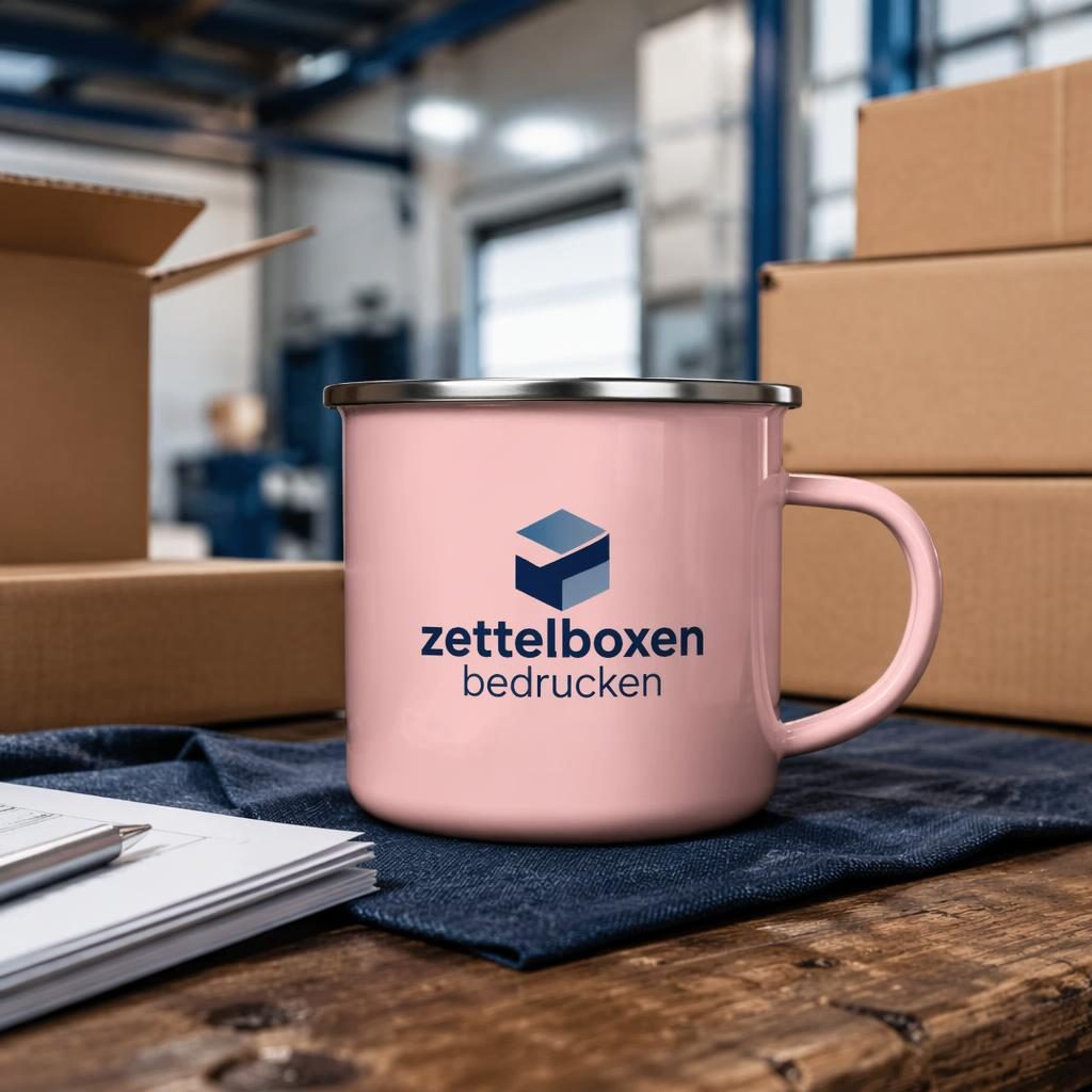 Staubrosa Emaillebecher mit zettelboxen bedrucken Logo in Industrie-Setting, scharf fotografiert
