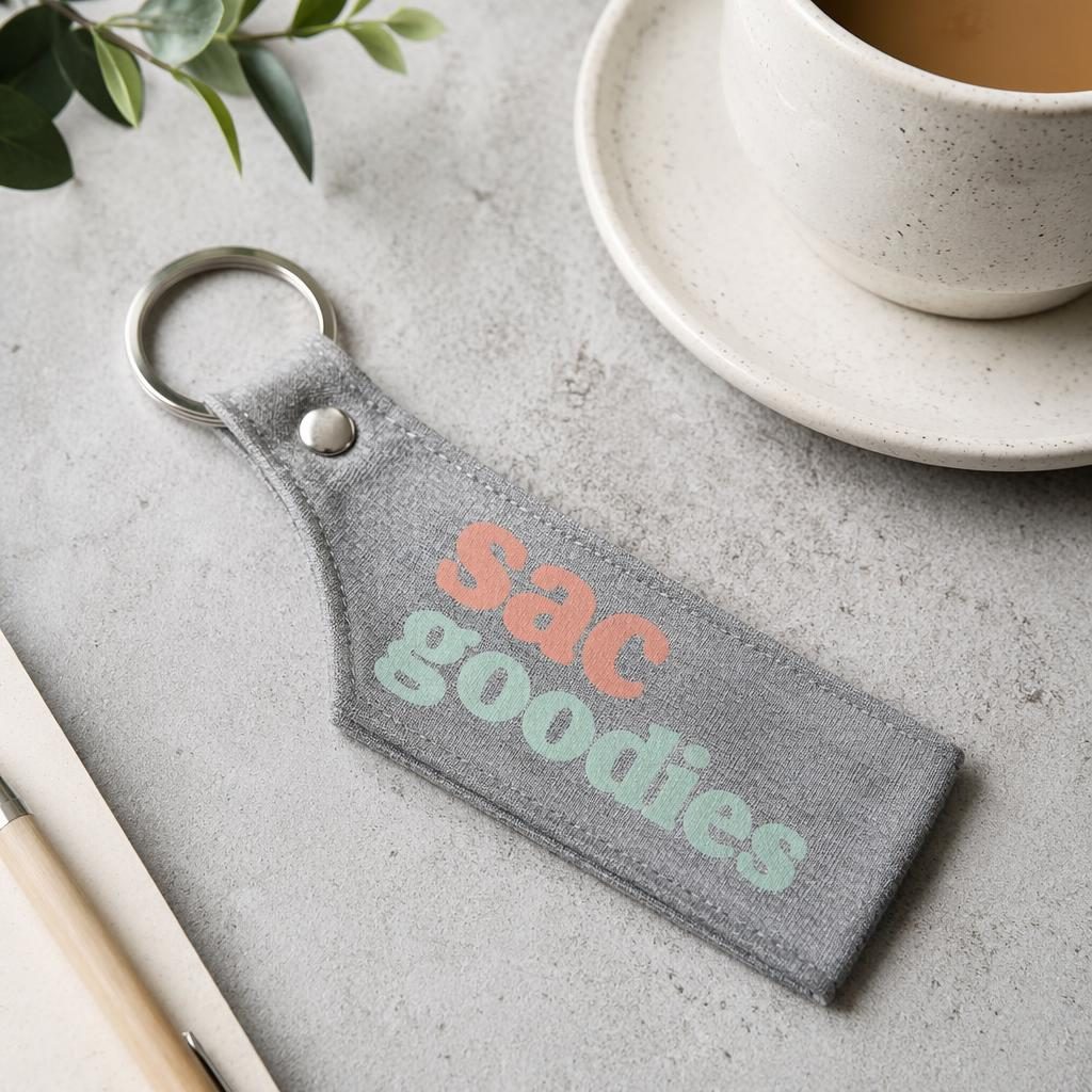 Mockup photo réaliste d’un porte-clés gris chiné en flat lay studio avec logo sac goodies en grand imprimé