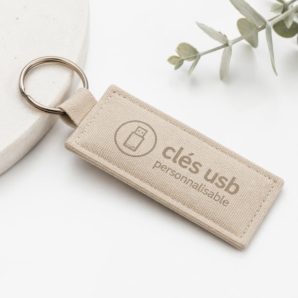 Porte-clés beige sable en photo studio sur fond blanc, avec logo ton sur ton subtil et style mockup minimaliste