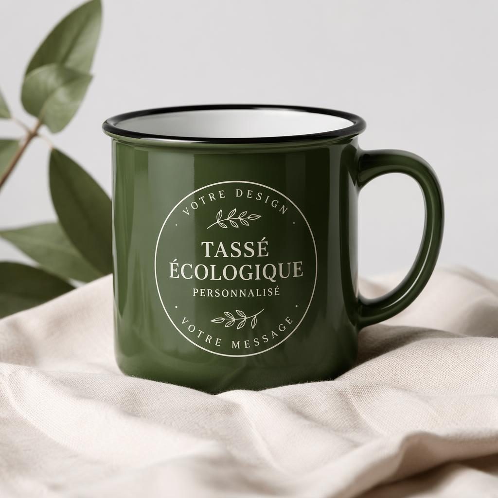 Mug en émail vert forêt sur fond blanc minimaliste, avec logo circulaire sauge et ivoire imprimé tout autour.