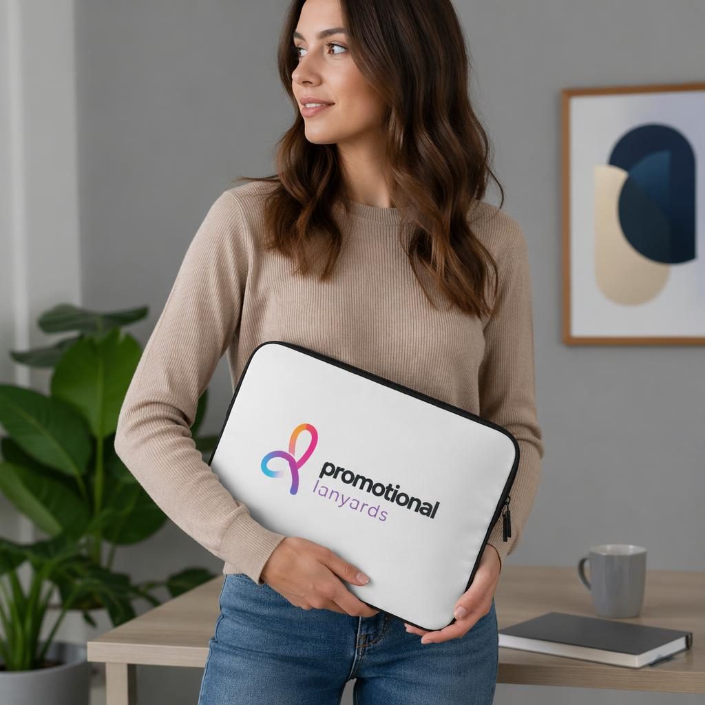 Studio photo mockup of a model wearing a white laptop sleeve with a colorful promotional lanyards logo centered on it.
