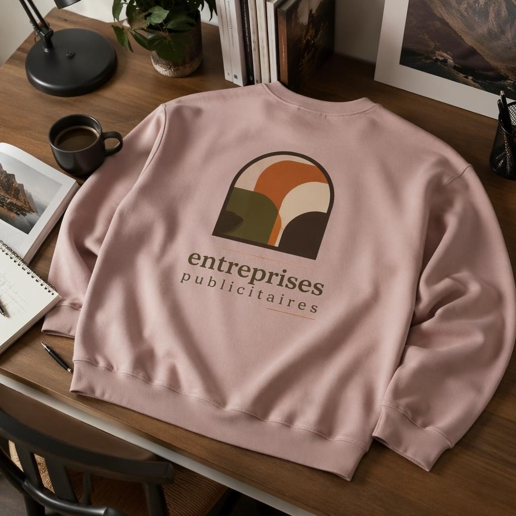 Sweat col rond rose poudré vu de dos sur bureau lifestyle, logo entreprises publicitaires imprimé au dos