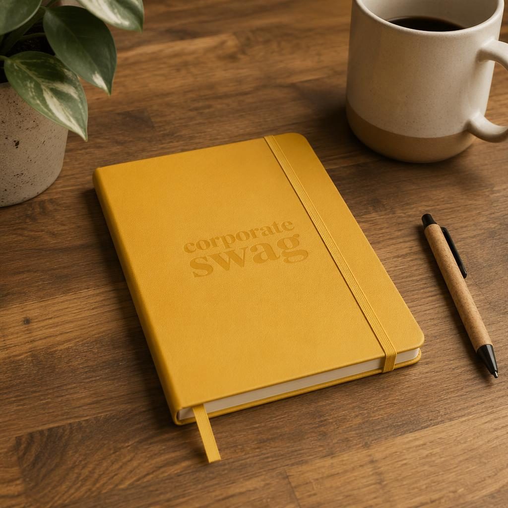 Mustard yellow notebook mockup with subtle tone-on-tone corporate swag logo on a warm desk lifestyle setup.