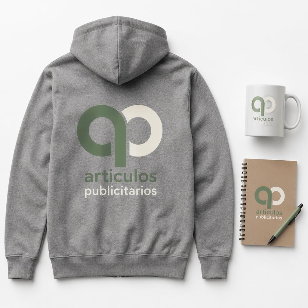 Sudadera gris jaspeada con cremallera y logo grande articulos publicitarios sobre fondo blanco minimalista