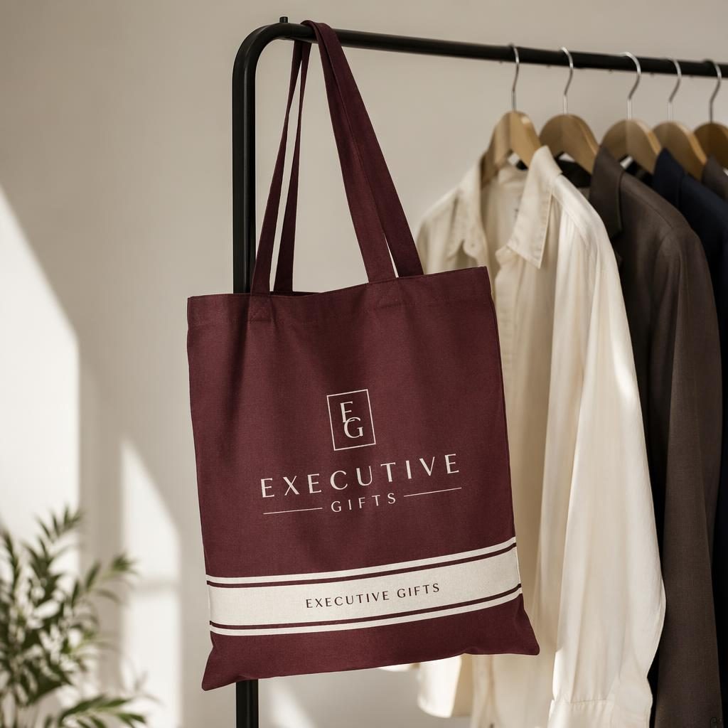 Burgundy tote bag mockup hanging on a rack with wrap-around executive gifts logo in a minimal monochrome design.