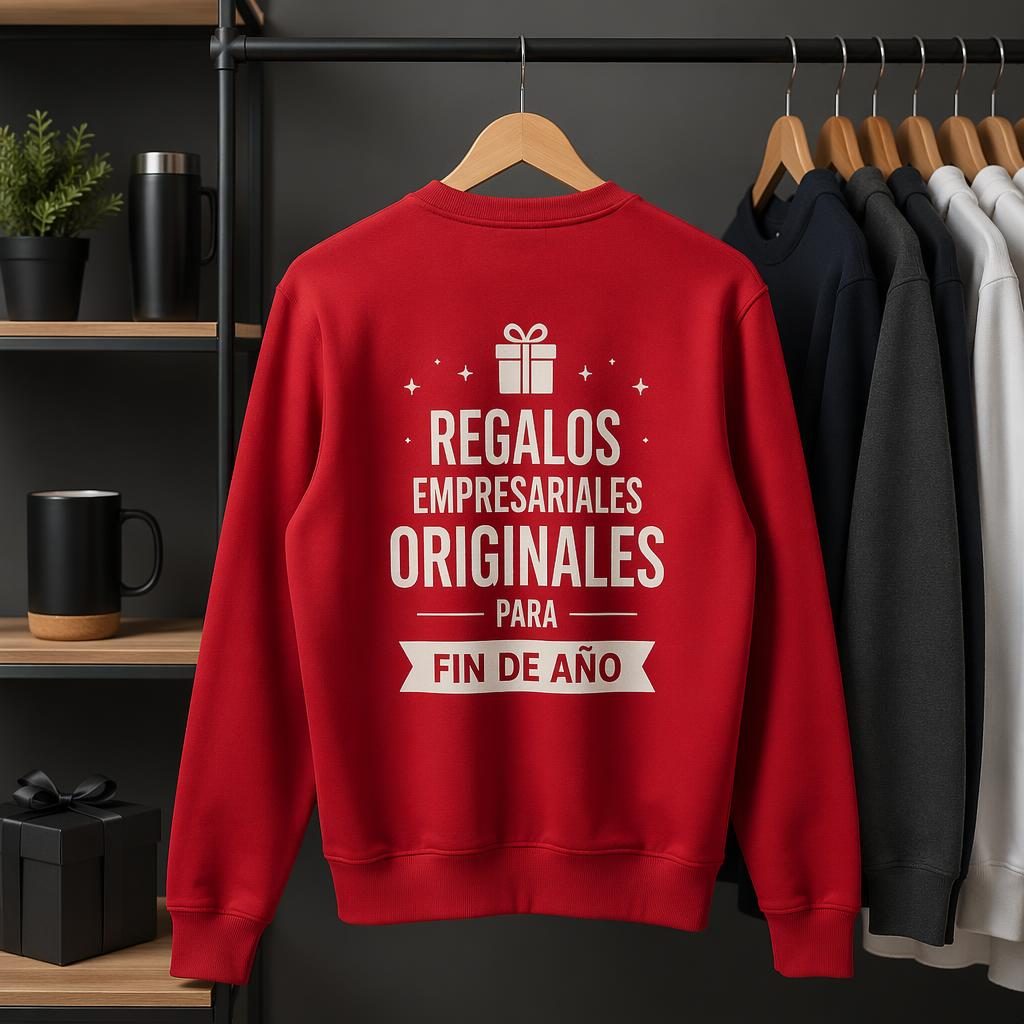 Sudadera roja clásica colgada en perchero, vista trasera, con logo tipográfico genérico grande en la espalda.