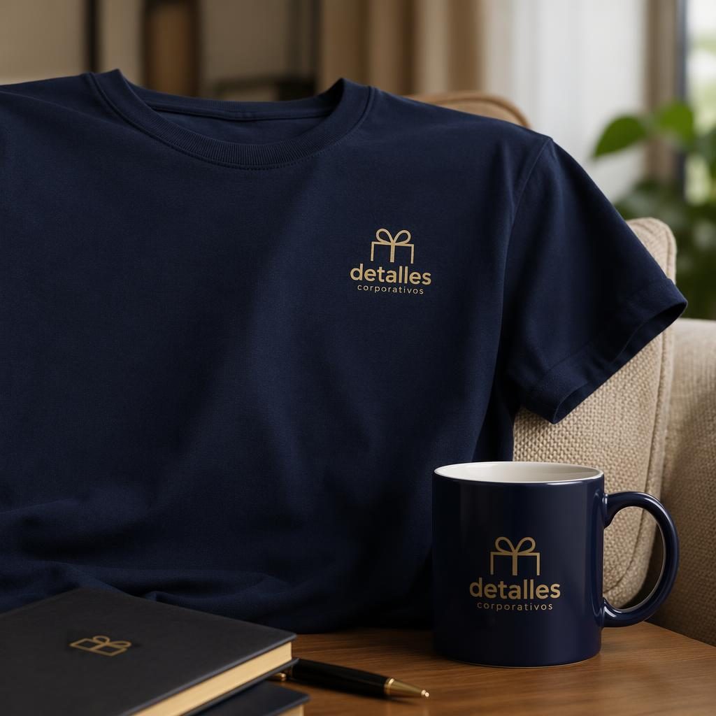 Taza azul marino con logo pequeño detalles corporativos en ambiente hogareño cálido, estilo lujo negro y dorado.