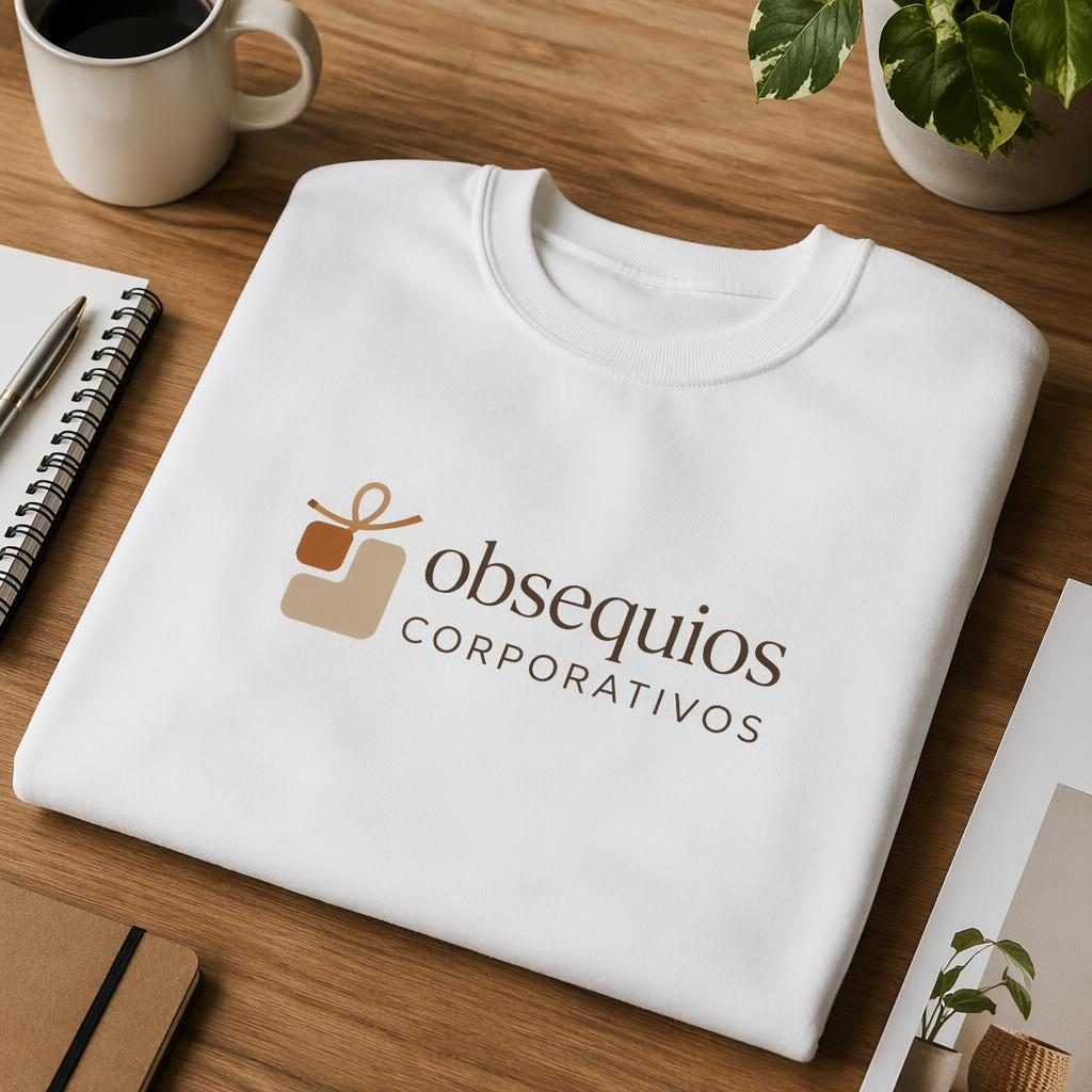 Sudadera blanca de cuello redondo sobre escritorio, con logo centrado y accesorios de oficina en tonos tierra.