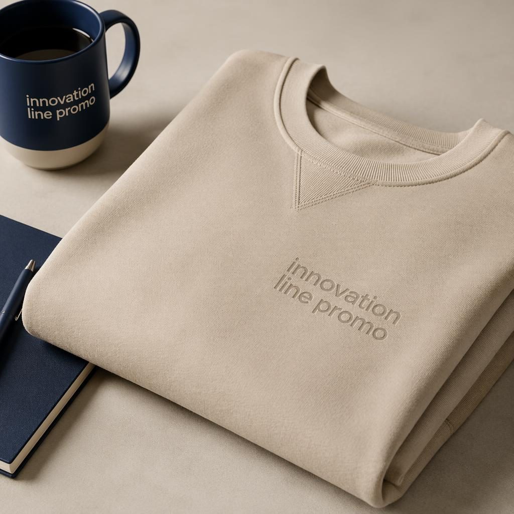 Folded stack of beige sand crewneck sweatshirts with subtle tone-on-tone innovation line promo logo in studio lighting