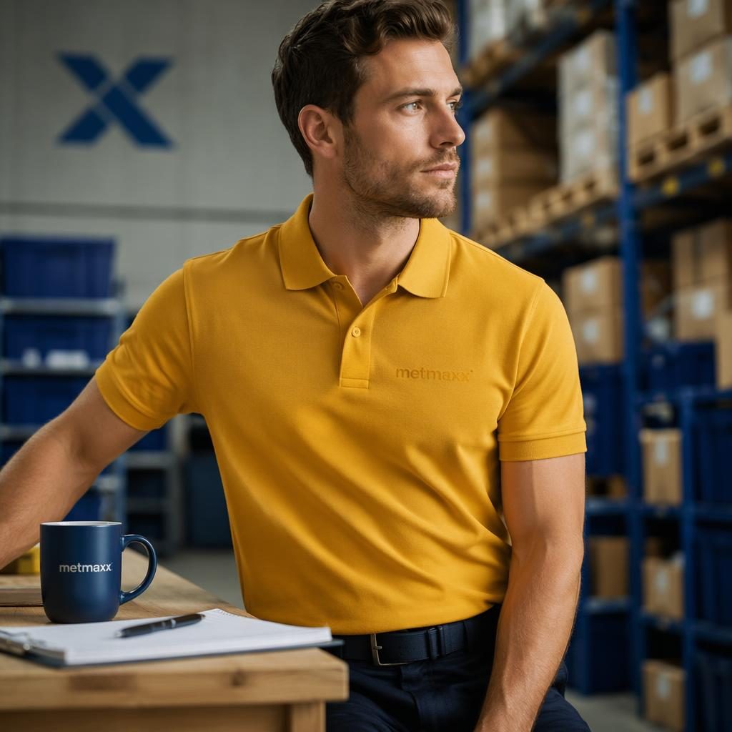 Senfgelbes Polo-Shirt als fotorealistisches Mockup mit dezentem metmaxx Logo vor industrieller Warehouse-Kulisse.