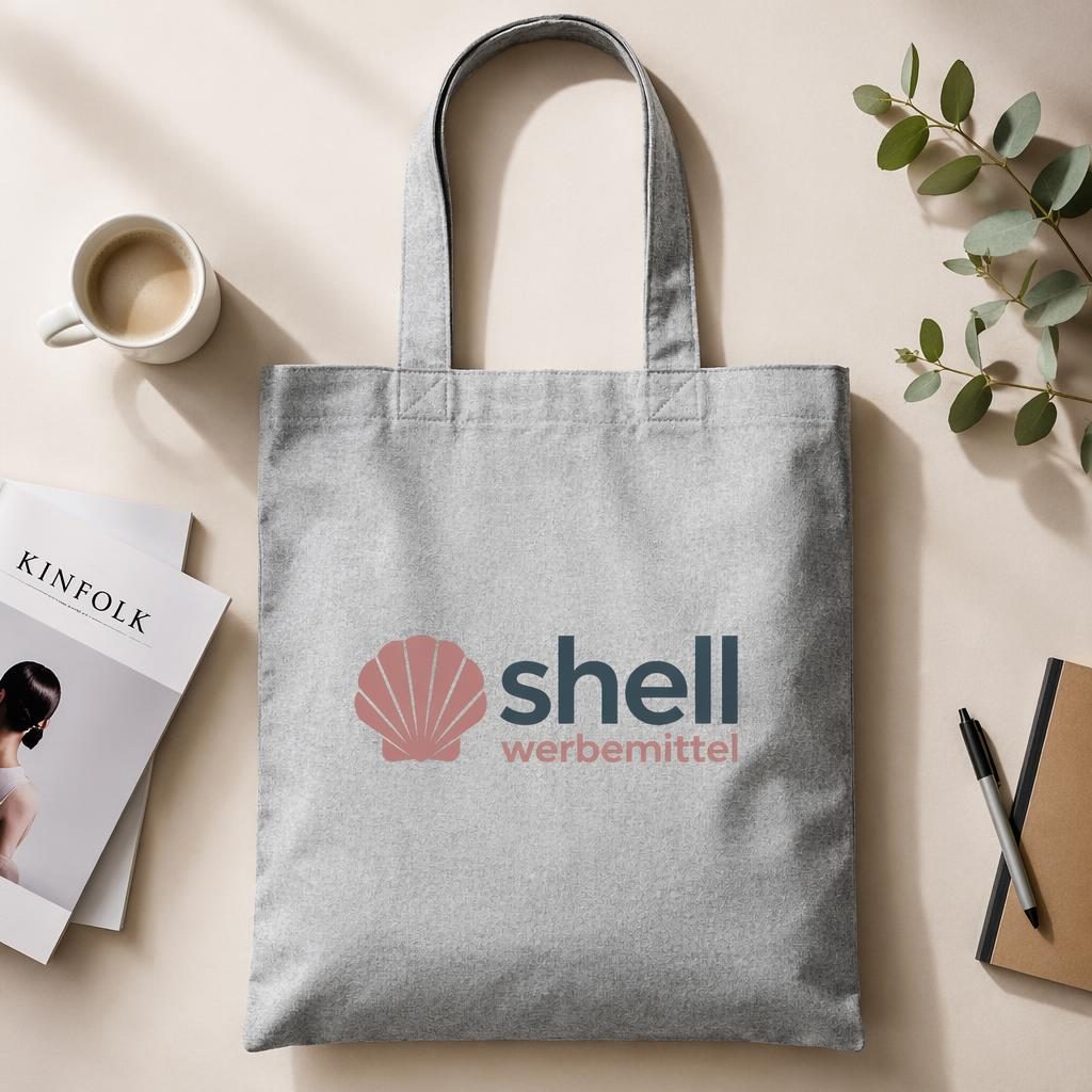 Fotorealistisches Tote-Bag-Mockup in Heather Grau als Studio-Flatlay mit shell werbemittel Logo auf der Rückseite