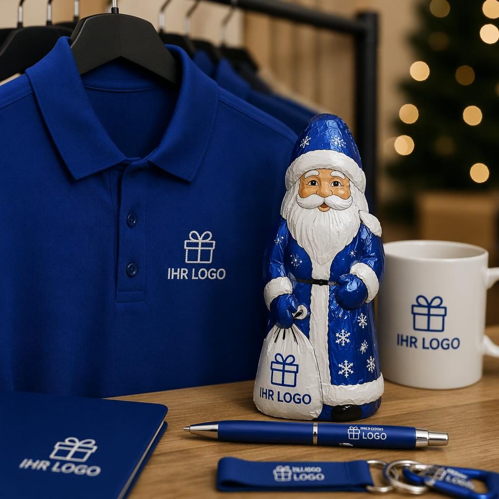 Fotorealistisches Mockup eines royalblauen Kugelschreibers mit generischem Logo, freihängend am Rack im Studio