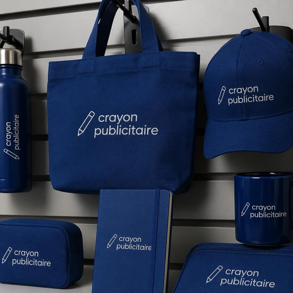 Pack de stickers bleu roi suspendu sur un portant, avec logo générique crayon publicitaire en style broderie.