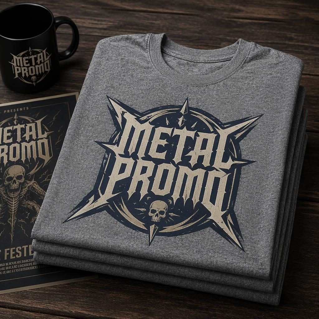 Folded stack of heather gray t-shirts with large metal promo logo print in navy and cream, studio product mockup