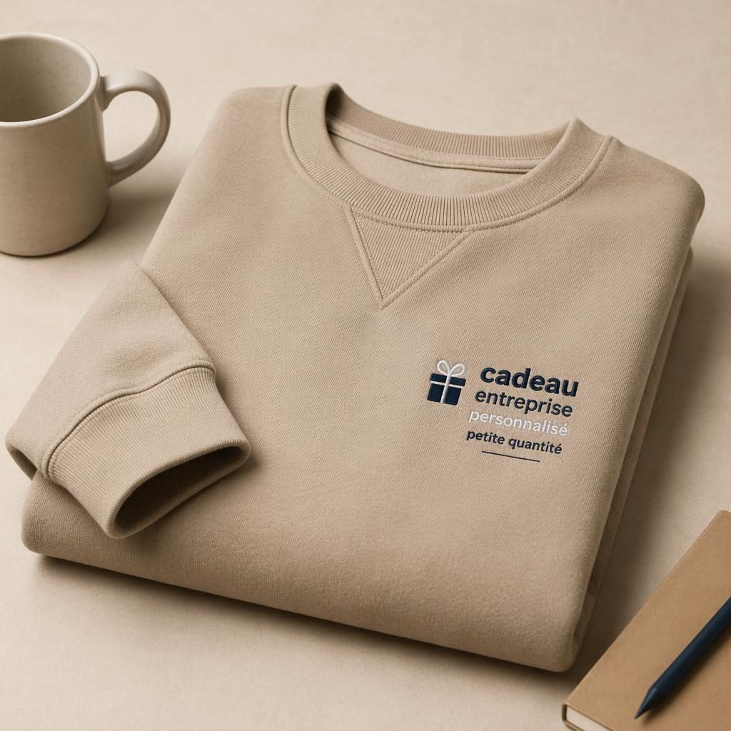 Pile de sweatshirts beiges pliés avec petit logo poitrine gauche, palette marine et crème, photo studio nette