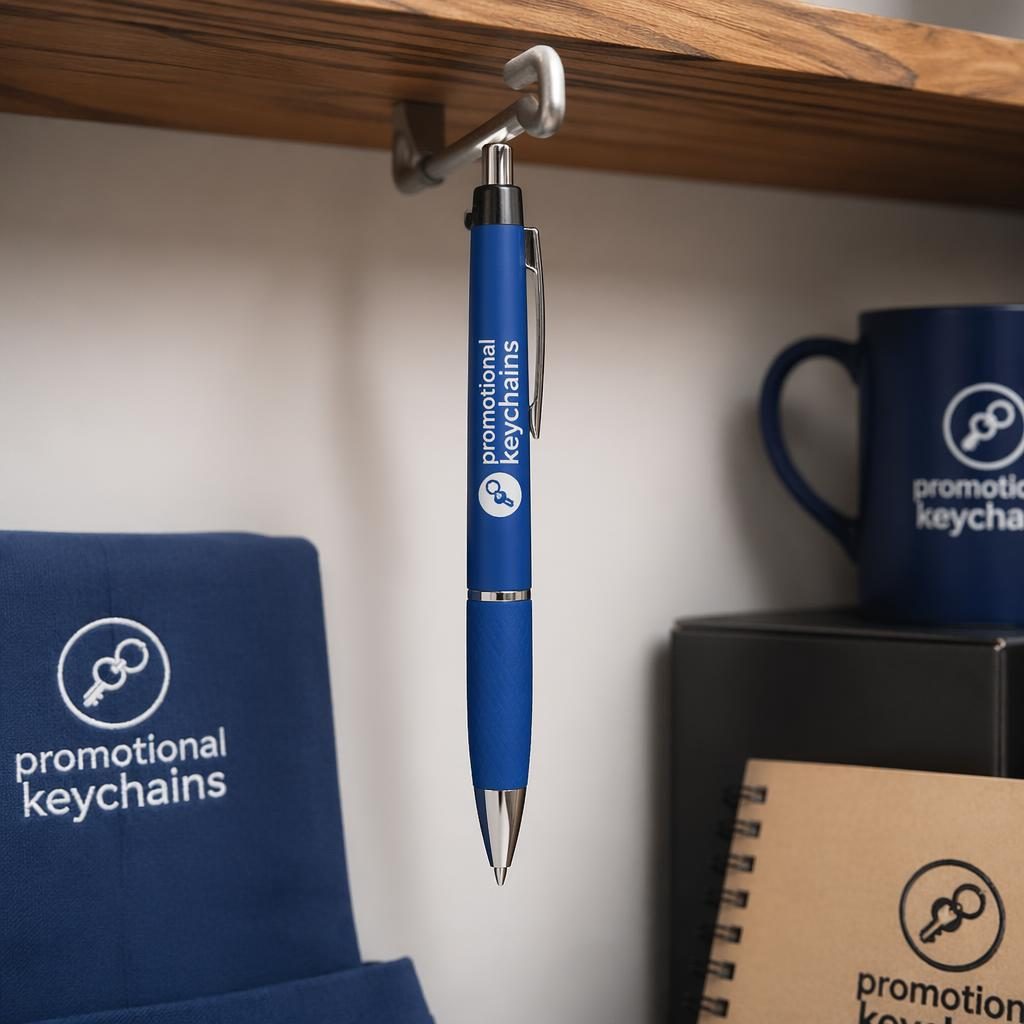 Photo-real mockup of a royal blue pen with a generic promotional keychains logo, shot in sharp studio lighting.