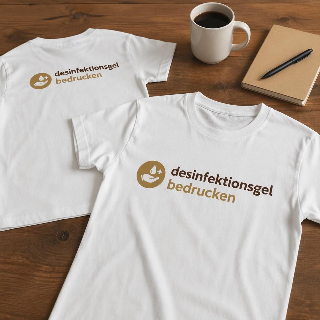 Weißes T-Shirt mit umlaufendem Typo-Logo auf Schreibtisch, warmes Erdton-Setup, fotorealistisches Mockup