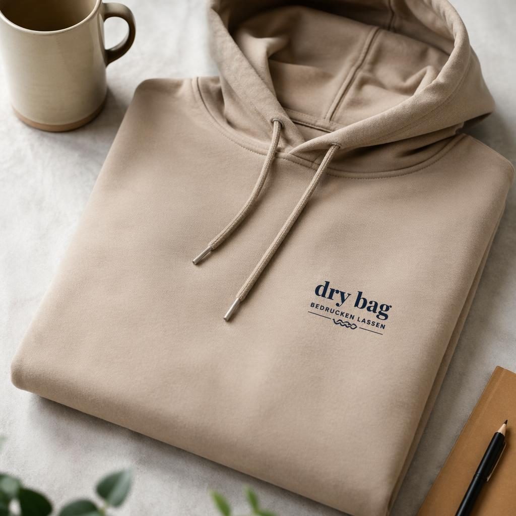 Gefalteter beiger Hoodie als Produkt-Mockup mit kleinem Logo links auf der Brust in Navy-Creme, im Studio fotografiert