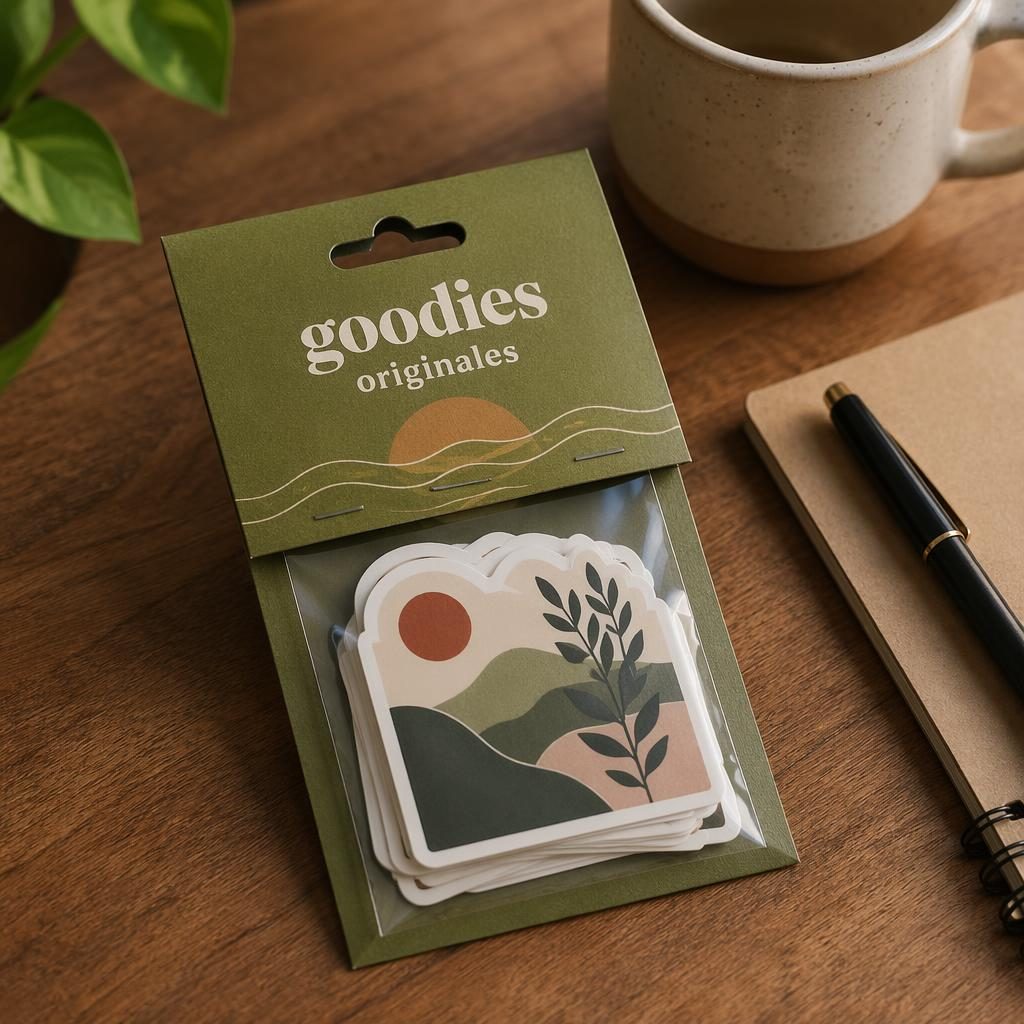 Mockup photo d’un pack de stickers vert olive sur bureau lifestyle, sleeve imprimée, mug en céramique et textures naturelles