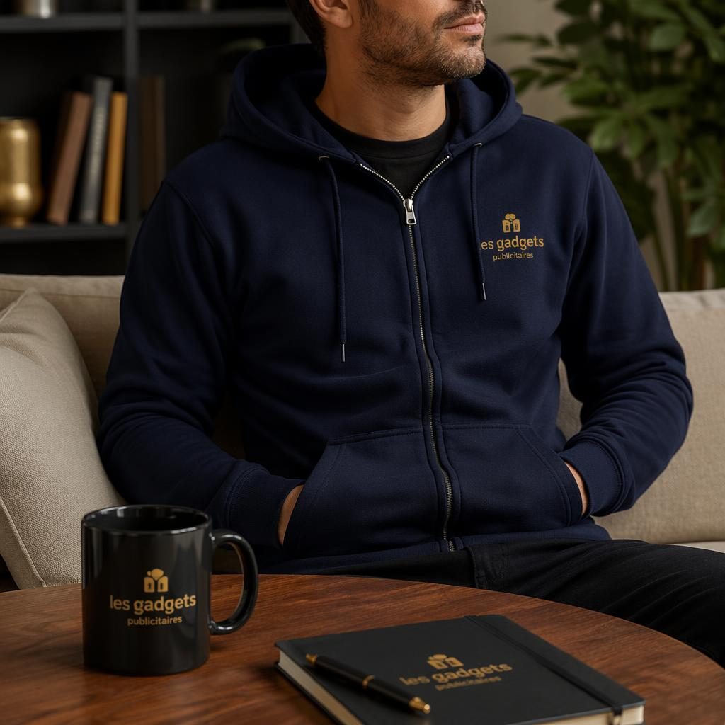 Hoodie zippé bleu marine avec petit logo les gadgets publicitaires à gauche, photo lifestyle cosy noir et or