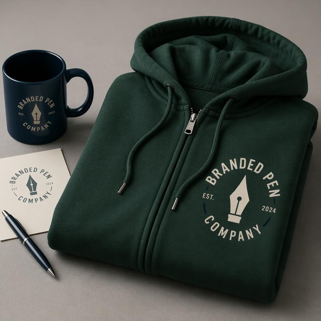 Folded stack of forest green zip-up hoodies with a navy and cream branded pen company logo in a studio mockup.