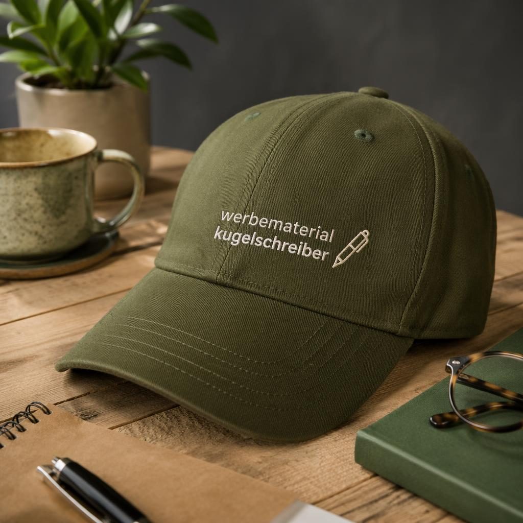 Fotorealistisches Mockup einer olivgrünen Cap mit gesticktem werbematerial kugelschreiber Logo auf einem Schreibtisch