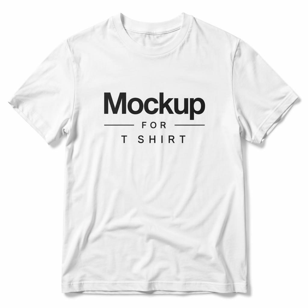Wit T-shirt mockup met centraal borstlogo op minimalistische witte achtergrond, zachte schaduwen en katoentextuur.