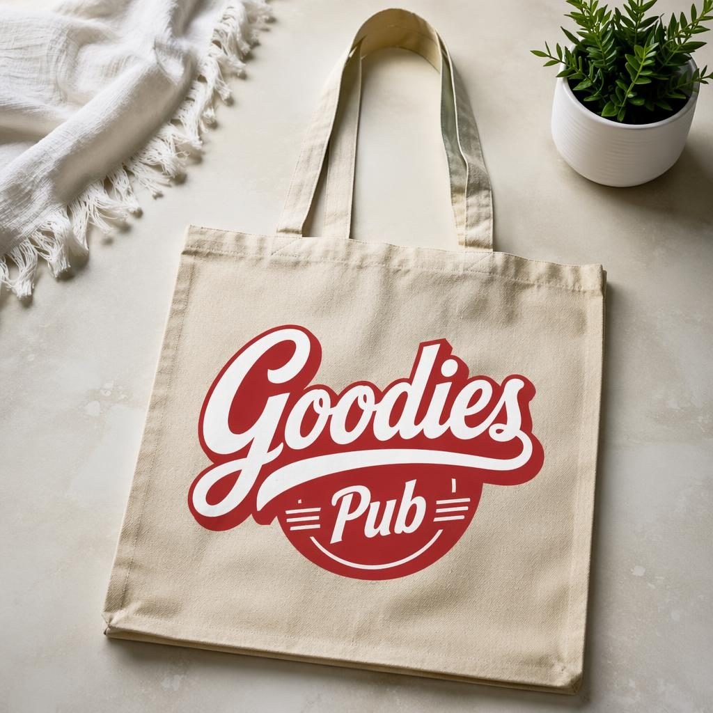 Sac cabas beige en toile à plat, avec grand logo rouge et blanc Goodies Pub en impression centrale