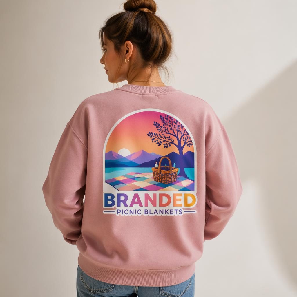 Model wearing a dusty pink crewneck with a vibrant branded picnic blankets logo printed across the full back.