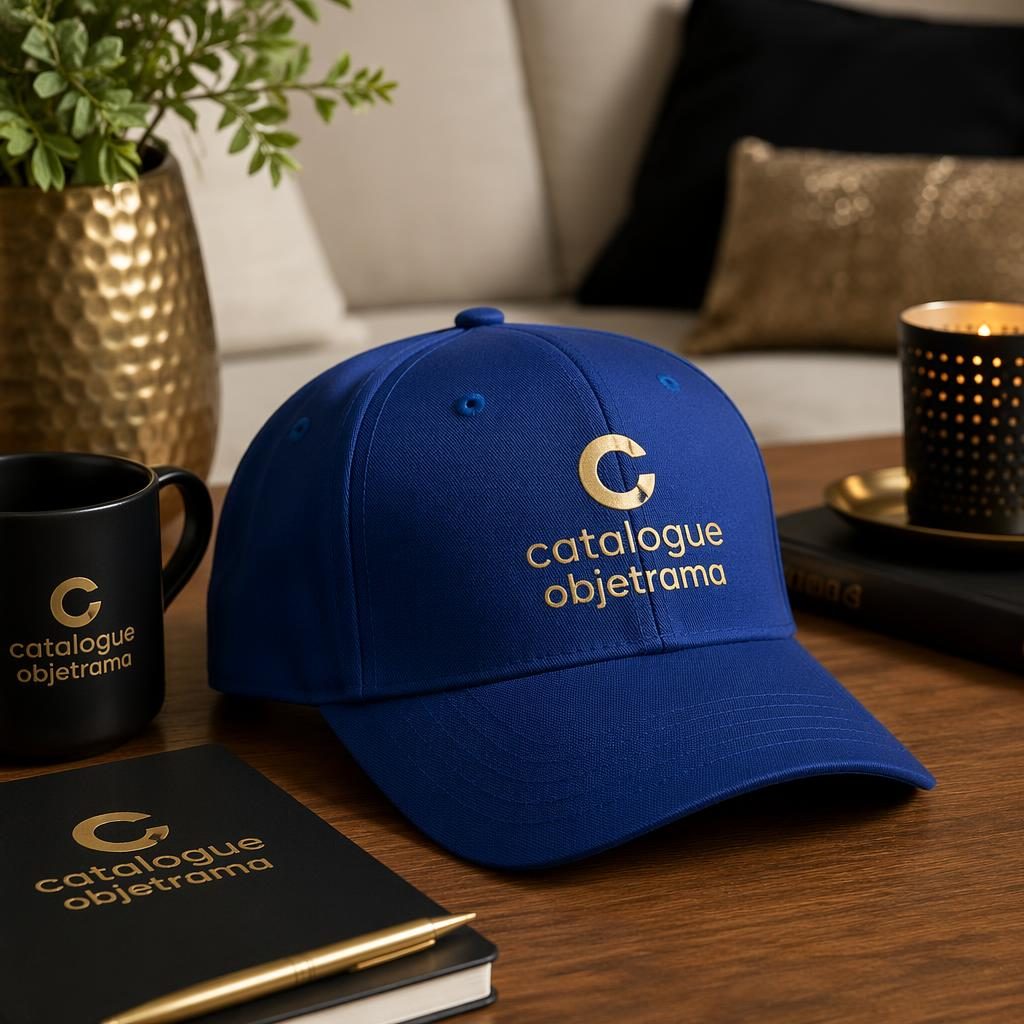 Casquette bleu royal en mockup photo réaliste, logo catalogue objetrama noir et or, ambiance home cozy luxueuse