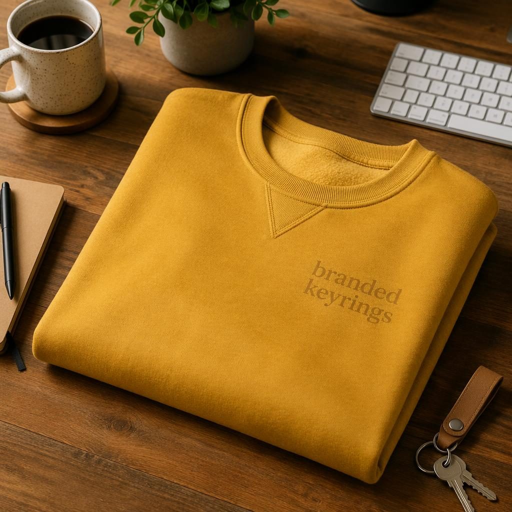 Mustard yellow crewneck sweatshirt mockup on a desk with subtle tone-on-tone branded keyrings logo and warm earth props.