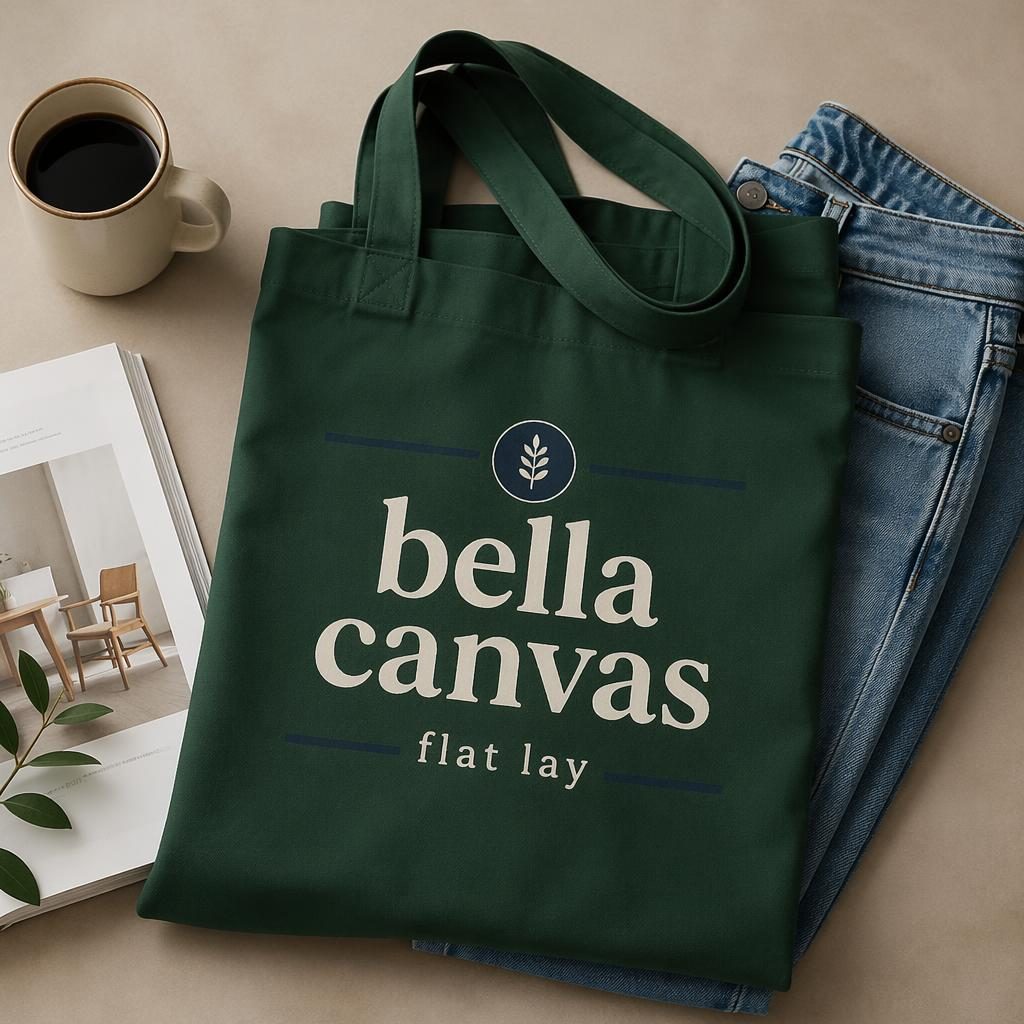 Folded stack of forest green tote bags in a studio flat lay with a centered placeholder logo in navy and cream.