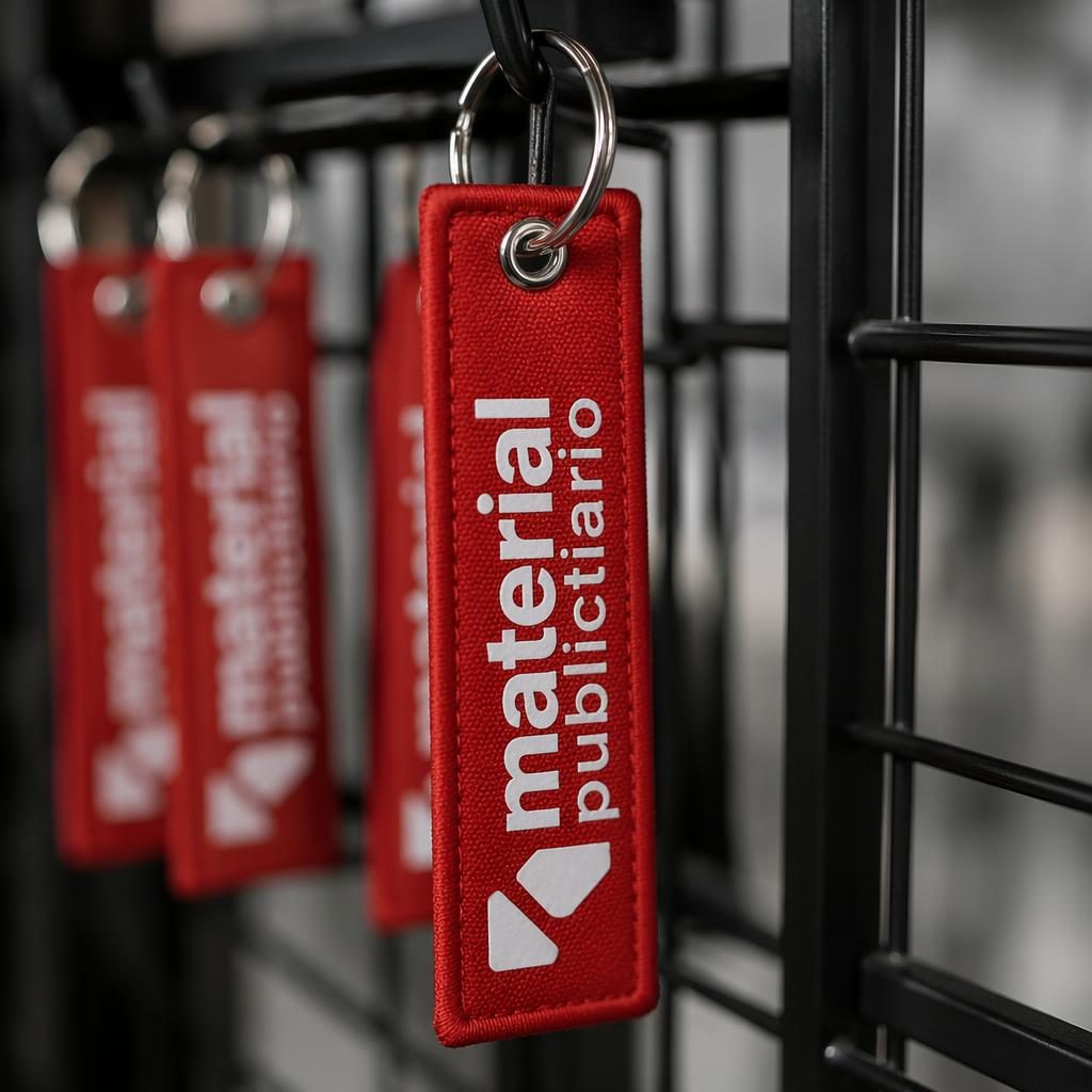Mockup fotorrealista de llavero rojo colgando en rack con logo genérico de material publicitario en primer plano