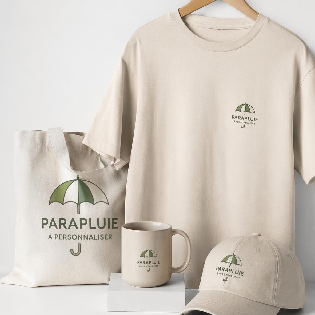 Mug beige en céramique sur fond blanc, petit logo sage et ivoire à gauche, style mockup photo réaliste.