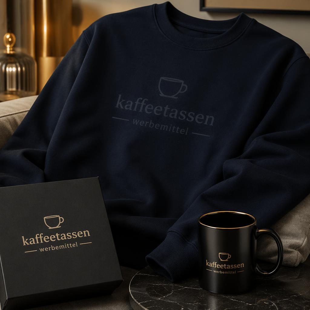 Fotorealistisches navy Sweatshirt mit dezentem Ton-in-Ton-Logo in cozy Home-Setting, dazu Tasse und Papier in Schwarz-Gold.
