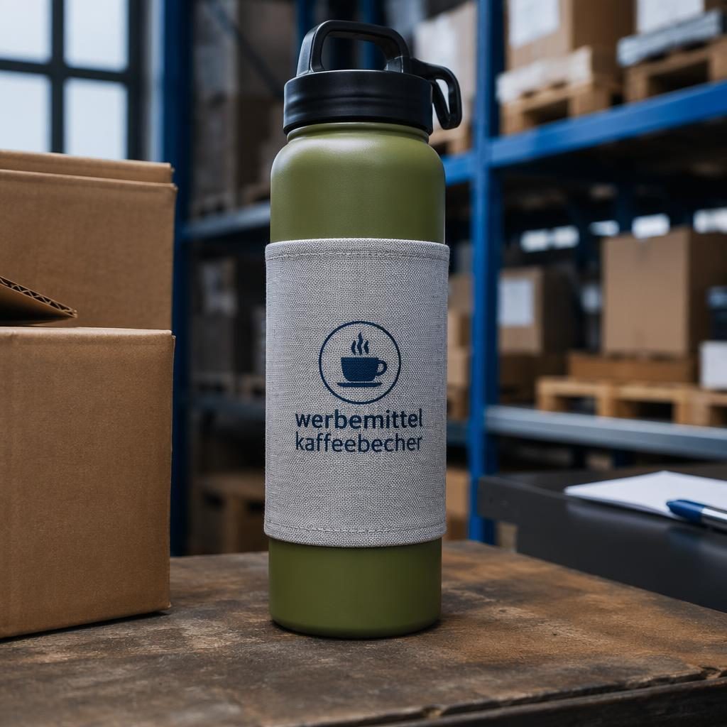 Olivgrüne Trinkflasche mit Sleeve und Logo, inszeniert als Industrial Mockup in Studioqualität mit blauem Tech-Look.